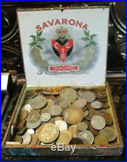3 Pound Lot of World Coins in A Vintage Savarona Cigar Box with Silver Coins