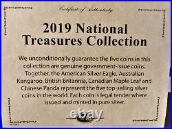 5 Pcs Silver World 1 Oz Coin Set, 2019 Eagle, Maple, Britanna, Panda, Kangaroo