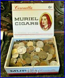5+ Pound Lot of World Coins in A Vintage Cigar Box with Silver Coins