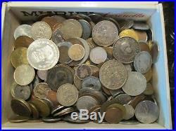 5+ Pound Lot of World Coins in A Vintage Cigar Box with Silver Coins