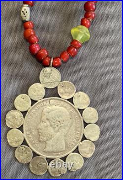 Antique Silver Guatemalan Coins, Milagros, White Heart & Vaseline Beads Necklace