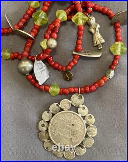 Antique Silver Guatemalan Coins, Milagros, White Heart & Vaseline Beads Necklace