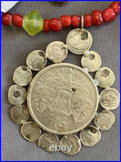 Antique Silver Guatemalan Coins, Milagros, White Heart & Vaseline Beads Necklace