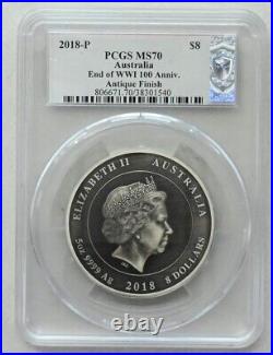 Australia 2018-P $8 Silver MS70 5oz End of WWI 100 Anniv. Antique Finish peace d