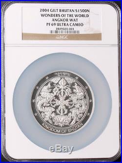 Bhutan 2004 Wonders World Angkor Wat Silver Coin With Gold 1g NGC PF69