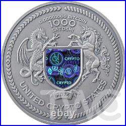 Binary Bull Binary World 2oz Antique finish Silver Coin 0.00001 Bitcoin UCS 2024