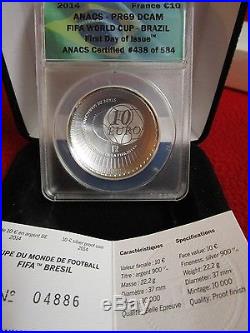 Brazil France Silver 10 Euro Coin Fifa 2014 World Cup Brasil Curved Anacs Pr69