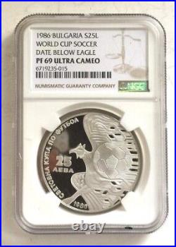 Bulgaria 1986 World Cup 25 Leva NGC PF69 Silver Coin, Proof, No Date Type, Rare