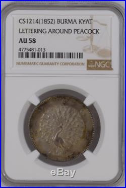 Burma Cs1214 1852 Kyat Peacock Toned Ngc Au58 Graded Silver World Coin