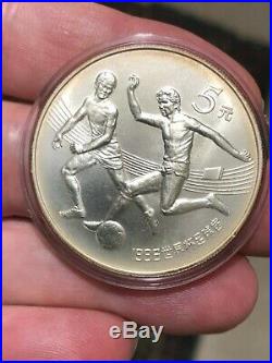 CHINA 1986 World Cup Soccer Futbol Scarce MATTE Finish 5 YUAN Silver Proof Coin