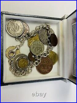 COINS of the WORLD Charm Bracelet Box & Pamphlet Sterling Silver Chain 71.8 Gr