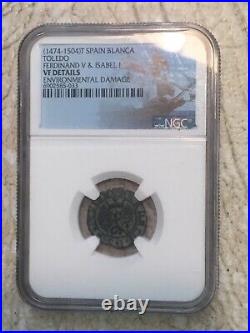 COLONIAL SPAIN Ferdinand & Isabella 1474 Blanca NGC VF 2 Silver World Coin Lot COLONIAL SPAIN Ferdinand & Isabella 1474 Blanca NGC VF 2 Silver World Coin Lot