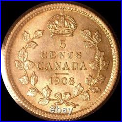 Canada 1908 large 8, 5 cents, old silver world coin BU #0146 nice lite tone