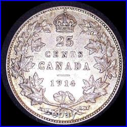 Canada 1914, 25 cents old world silver coin AU inv. #3461