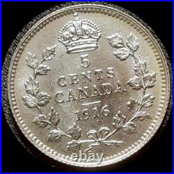 Canada 1916 5 cents, old silver world coin BU #0171