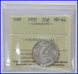Canada 25c Cents 1931 King George V Iccs Unc Silver World Coin