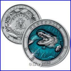 Crocodile Underwater World 3 oz Antique finish Silver Coin 5$ Barbados 2019