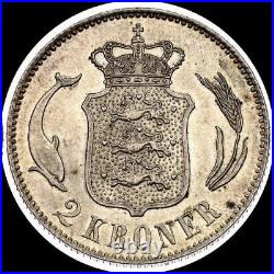 Denmark 1876, 2 kroner old world silver coin HIGH GRADE #5156