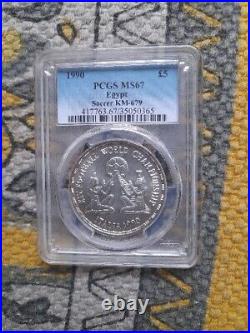 EGYPT, 5 Pound WORLD FOOTBALL CUP 1990 PCGS MS67 VERY RARE & Unique Patina