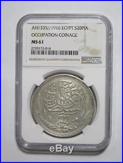 Egypt Ah1335 1916 20 Piastres Occupation Ngc Ms61 Old World Coin Collection Lot