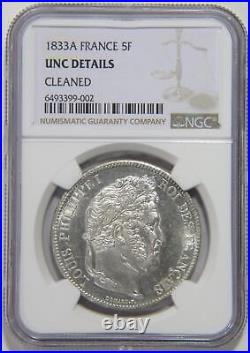 France 1833 5 Francs King Louis Philippe I Unc-d Ngc Silver World Coin