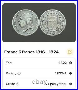 France 5 Francs 1822-A Very Fine Louis XVIII Old World Silver Coin FRA007