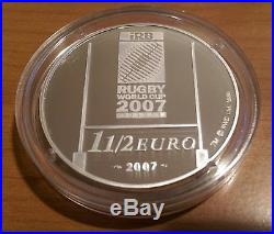 France Rugby World Cup Official 2007 1 1/2 Euro Silver Proof Coin in Display Box