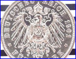 GERMAN 5 MARK 1901 A PRUSSIA Bicentennial WILHELM II. EMPIRE Silver Coin WW1 UNC