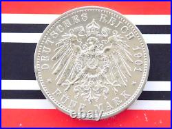 GERMAN 5 MARK 1901 A PRUSSIA Bicentennial WILHELM II. EMPIRE Silver Coin WW1 UNC