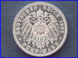 GERMAN 5 MARK 1901 A PRUSSIA Bicentennial WILHELM II. EMPIRE Silver Coin WW1 UNC