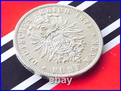 GERMAN 5 Mark 1875 J States HAMBURG Hansestadt 90% Silver Coin Empire WW1 +RARE+