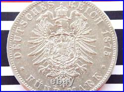 GERMAN 5 Mark 1875 J States HAMBURG Hansestadt 90% Silver Coin Empire WW1 +RARE+