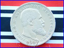 GERMAN 5 Mark 1900 F States WURTTEMBERG WILHELM II. 90% Silver Coin WW1 + RARE +