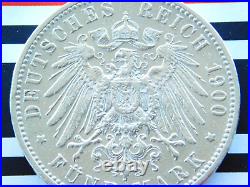 GERMAN 5 Mark 1900 F States WURTTEMBERG WILHELM II. 90% Silver Coin WW1 + RARE +