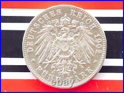 GERMAN 5 Mark 1902 F States WURTTEMBERG WILHELM II. 90% Silver Coin WW1 + RARE +