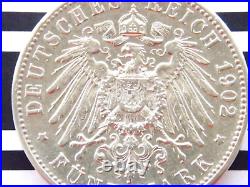 GERMAN 5 Mark 1902 F States WURTTEMBERG WILHELM II. 90% Silver Coin WW1 + RARE +