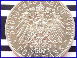 GERMAN 5 Mark 1903 G States BADEN FRIEDRICH Duke Silver Coin EMPIRE WW1 + RARE +