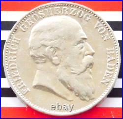 GERMAN 5 Mark 1904 G States BADEN FRIEDRICH Duke Silver Coin EMPIRE WW1 + RARE +