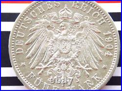 GERMAN 5 Mark 1904 G States BADEN FRIEDRICH Duke Silver Coin EMPIRE WW1 + RARE +