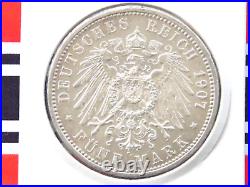 GERMAN 5 Mark 1907 A PRUSSIA KAISER WILHELM II 90% Silver Coin EMPIRE WW1 + UNC+