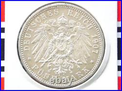 GERMAN 5 Mark 1907 A PRUSSIA KAISER WILHELM II 90% Silver Coin EMPIRE WW1 + UNC+