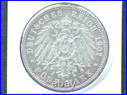 GERMAN 5 Mark 1907 A PRUSSIA KAISER WILHELM II 90% Silver Coin EMPIRE WW1 + UNC+