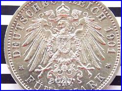 GERMAN Coin 5 MARK 1901 A PRUSSIA Bicentennial WILHELM II. EMPIRE 90% Silver WW1