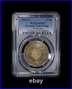 GERMANY. 2004, 10 Euro, Silver, G PCGS MS67 Top Pop? FIFA World Cup? Tone