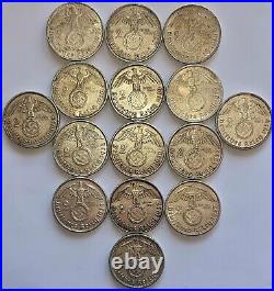 GERMANY THIRD REICH / WWII Swastika 2 Reichmark 1937-1939, Lot of 15 Silver Coins