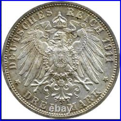 German States Württemberg 1911-F 3 marks old world silver coin UNC #5446