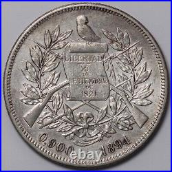 Guatemala 1894-H 1 Peso Heaton Mint KM-210 World Silver Coin