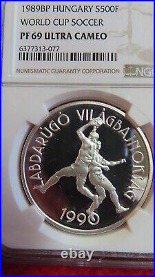 Hungary 1989 1990 World Cup Soccer Football. 925 Silver 500 Forints Coin