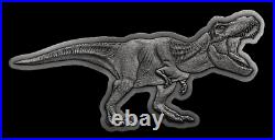 Jurassic World T-rex Shaped 2021 $5 2 Oz Silver Antiqued Coin In Case Niue