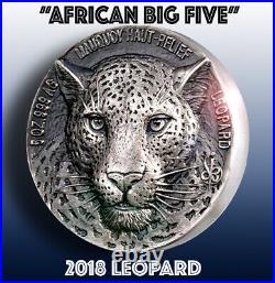 LEOPARD AFRICAN BIG FIVE / 2018 Mauquoy Mint 5oz. SILVER Coin+ Bonus Art GGcoins